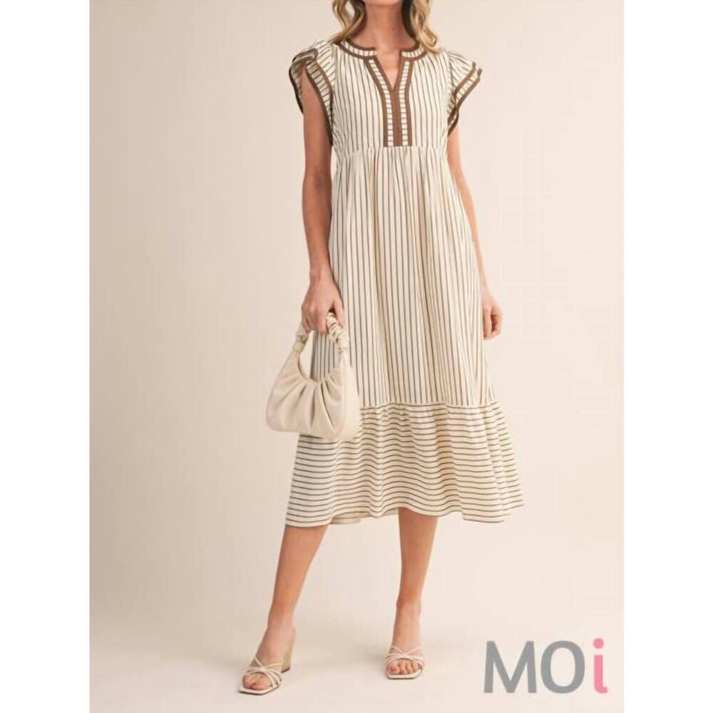 NEW &MERCI striped contrast binding midi dress in cream cocoa